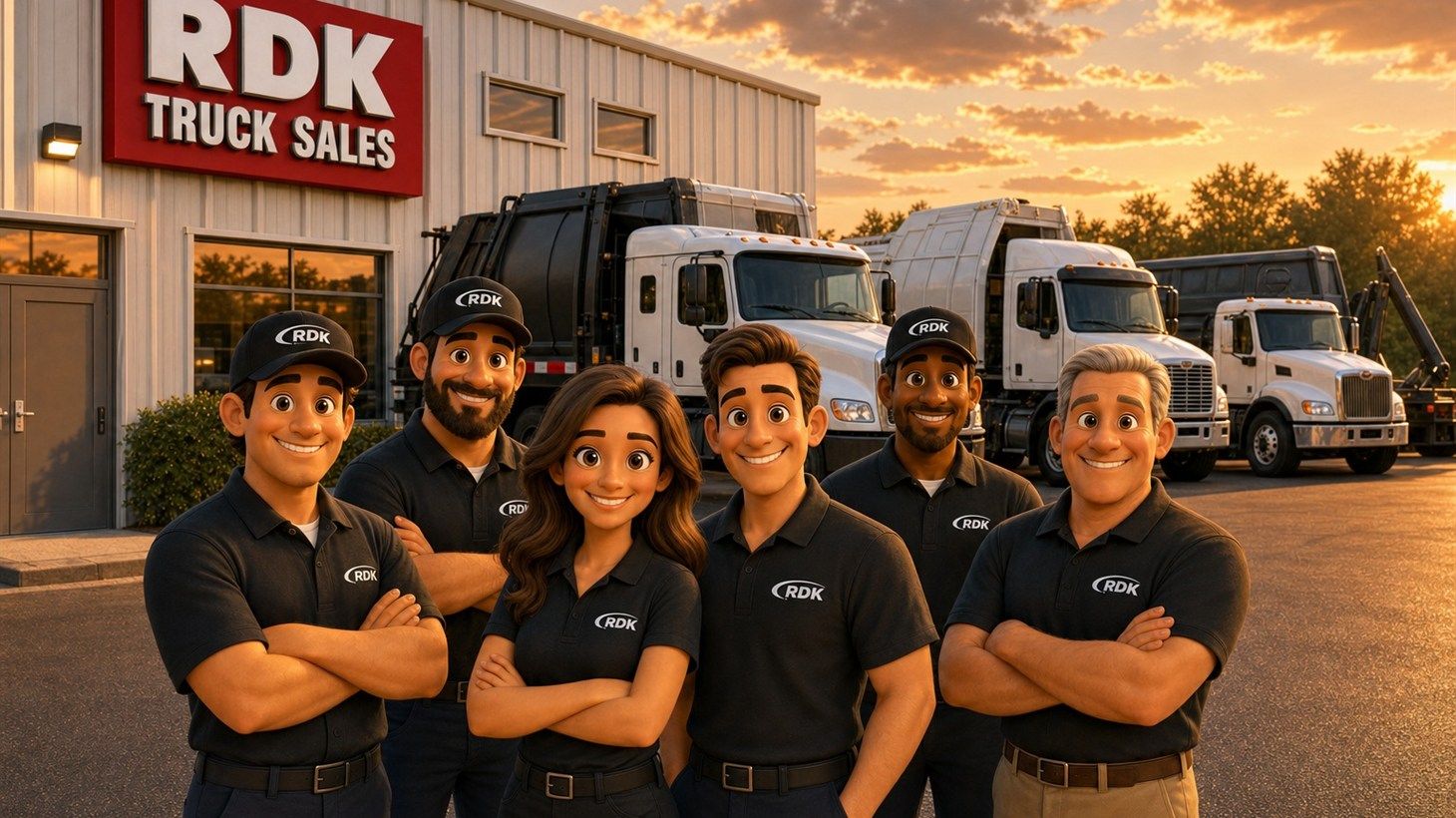 Pixar-style illustration of the RDK Truck Sales team standing together in front of their Tampa dealership with a row of roll-off trucks parked behind them, representing the company family that stands strong together.