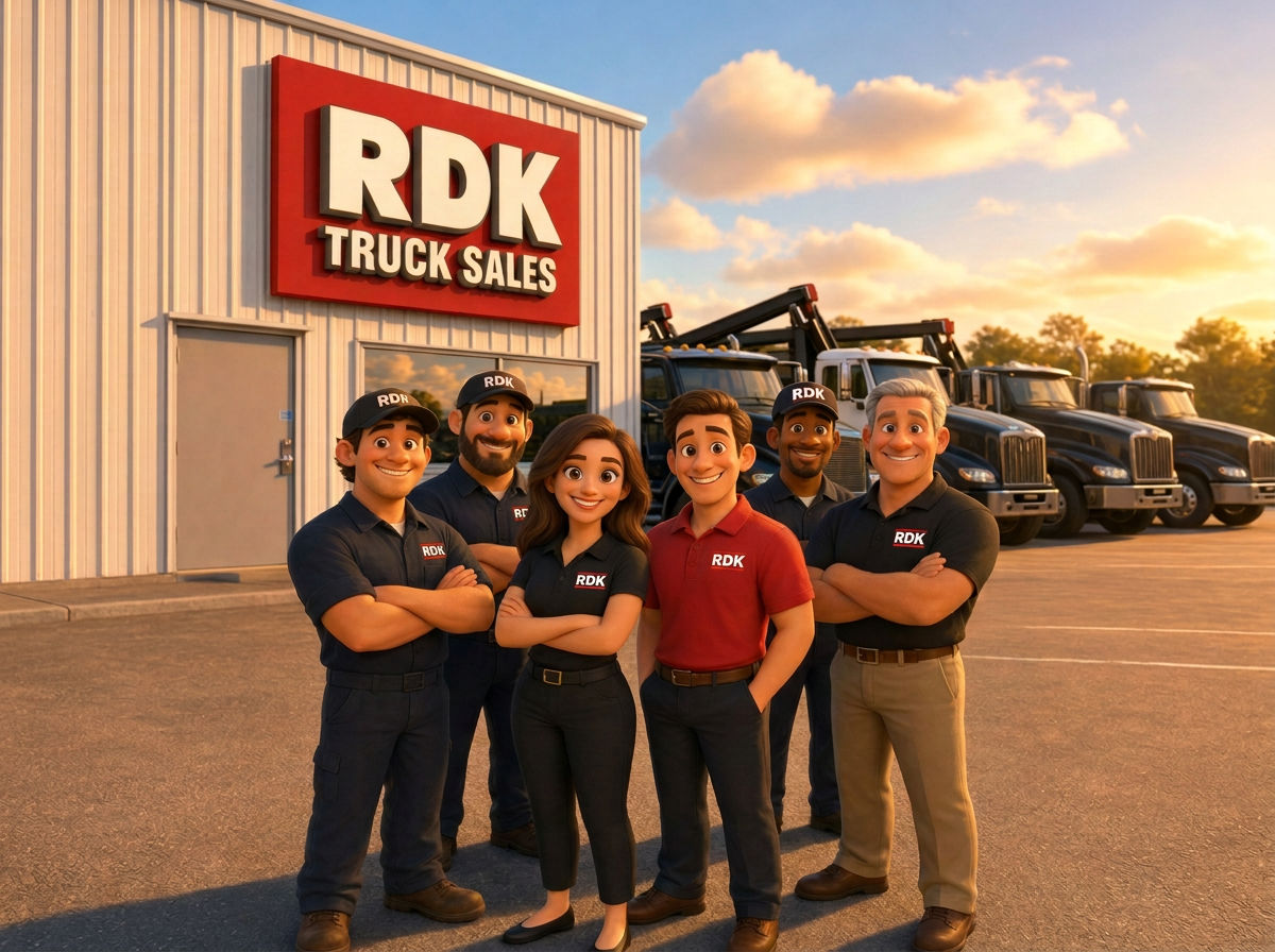 Pixar-style illustration of the RDK Truck Sales team standing together in front of their Tampa dealership with a row of roll-off trucks parked behind them, representing the company family that stands strong together.