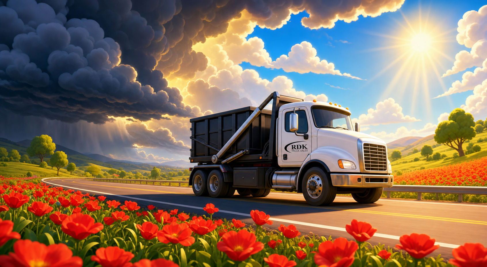 Pixar-style illustration of a highway splitting a dark stormy sky from a clear golden sunlit sky, with an RDK Truck Sales roll-off truck driving from the storm toward the sunshine and blooming red flowers, symbolizing moving from hardship into brighter days.