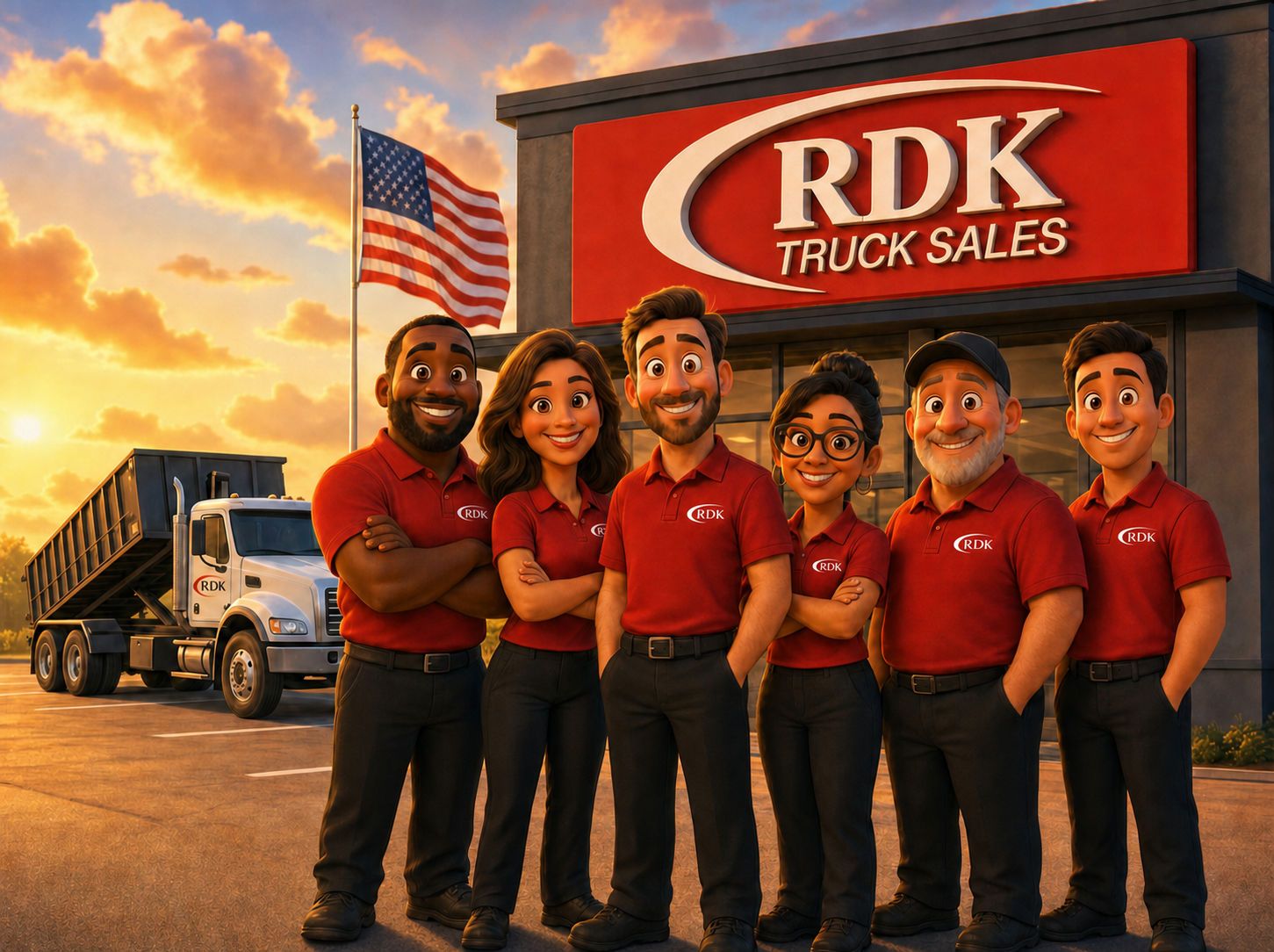 Pixar-style illustration of the RDK Truck Sales team standing together in front of their Tampa dealership at sunrise with an American flag waving and a roll-off truck parked beside them, representing unity and resilience.