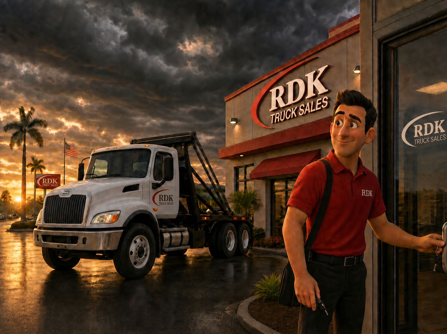 Pixar-style illustration of an RDK Truck Sales employee unlocking the dealership door in the early morning under a breaking storm sky, with a white roll-off truck parked in front, symbolizing steady routine continuing through uncertain times.