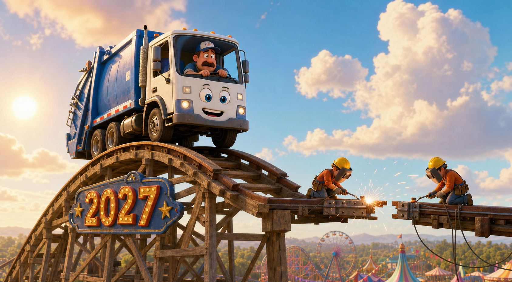 A garbage truck perched atop an unfinished 2027 roller coaster track while workers weld the next section into place