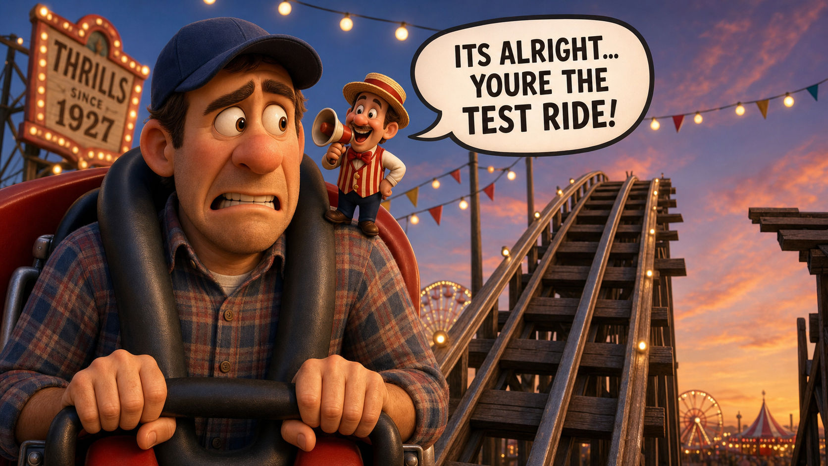 A nervous rider on a wooden coaster next to a sign reading Thrills Since 1927, with a ride barker shouting that he is the test ride