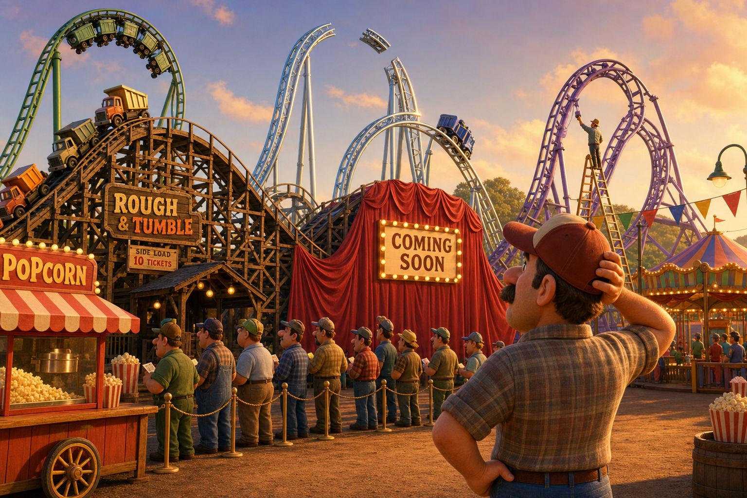 A fairground midway with six roller coasters in various states of completion, one hidden behind a coming soon curtain, with a long line of workers waiting