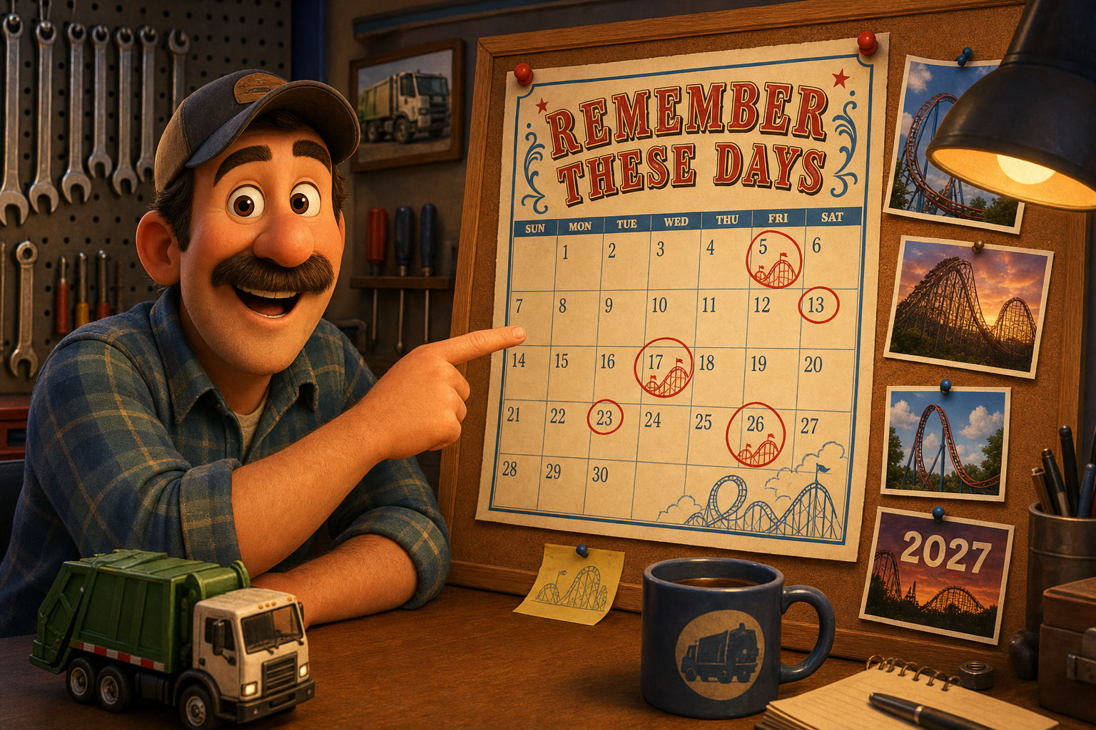 A shop worker pointing proudly at a wall calendar titled Remember These Days covered in circled dates and roller coaster photos