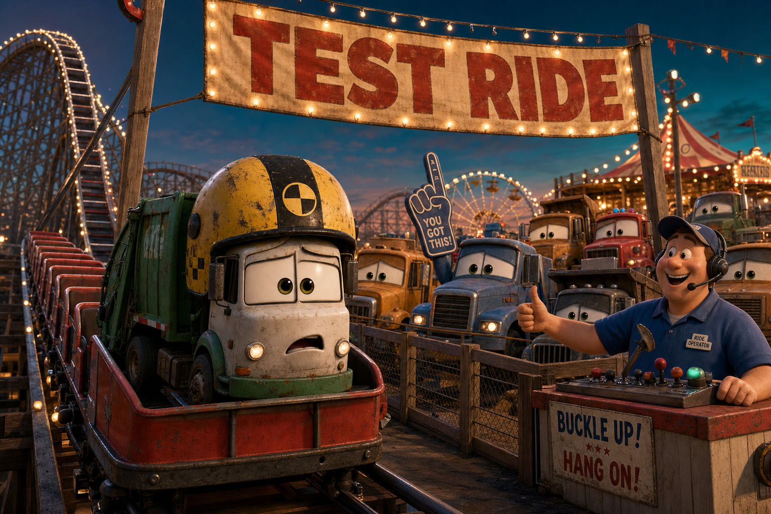 An anxious garbage truck wearing a crash-test helmet sits alone in the front car of a test-ride coaster while a ride operator gives a thumbs up