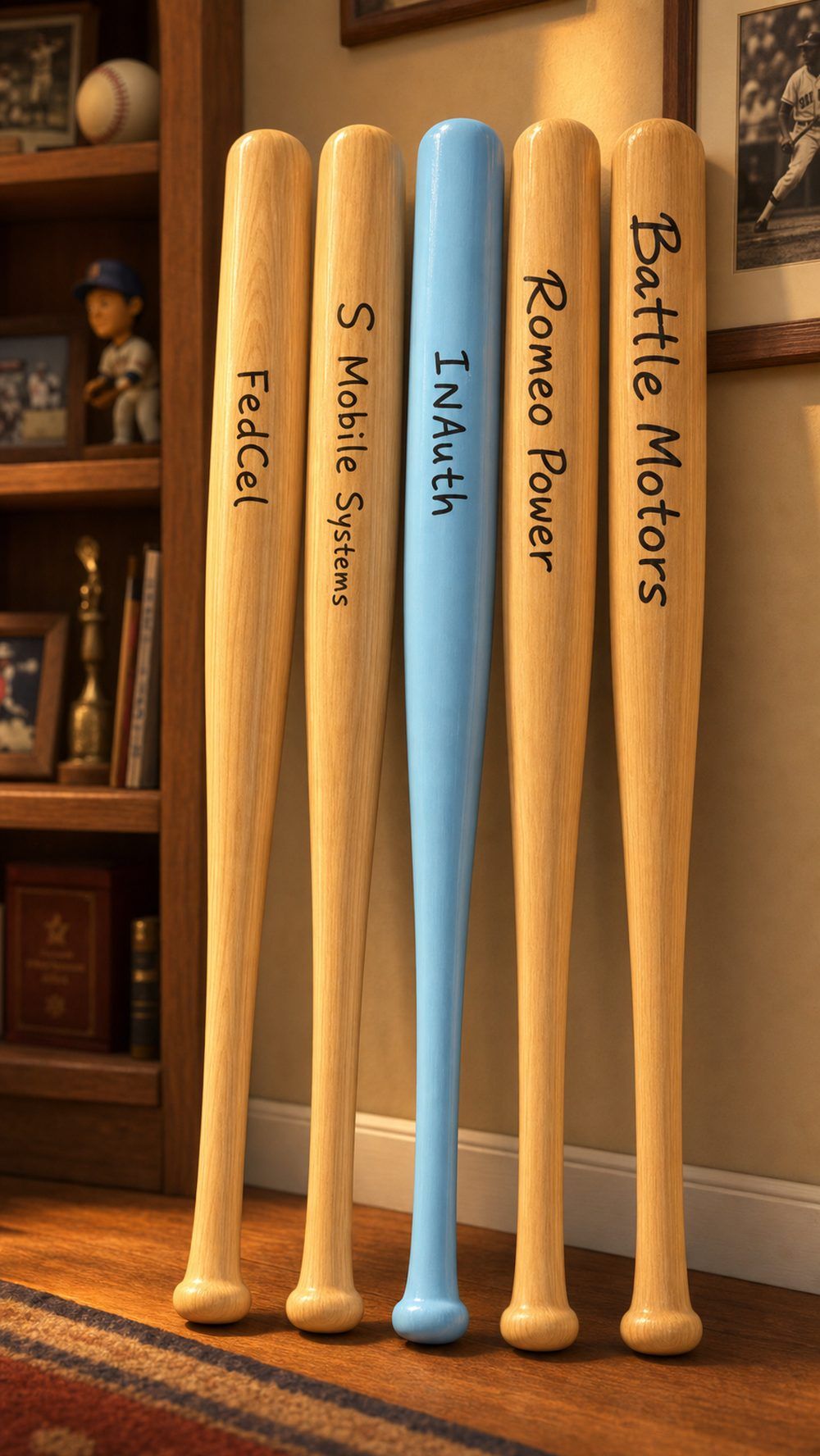 Pixar-style cartoon illustration of five full-length wooden baseball bats leaning against a wall, engraved with the names FedCel, S Mobile Systems, InAuth, Romeo Power, and Battle Motors, representing Michael Patterson's past ventures