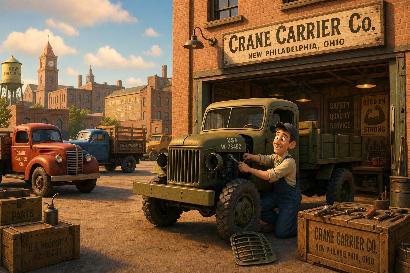 Pixar-style cartoon illustration of a 1940s Ohio garage where a mechanic converts a surplus military truck into the first Crane Carrier work truck, with a wooden sign reading Crane Carrier Co., New Philadelphia, Ohio