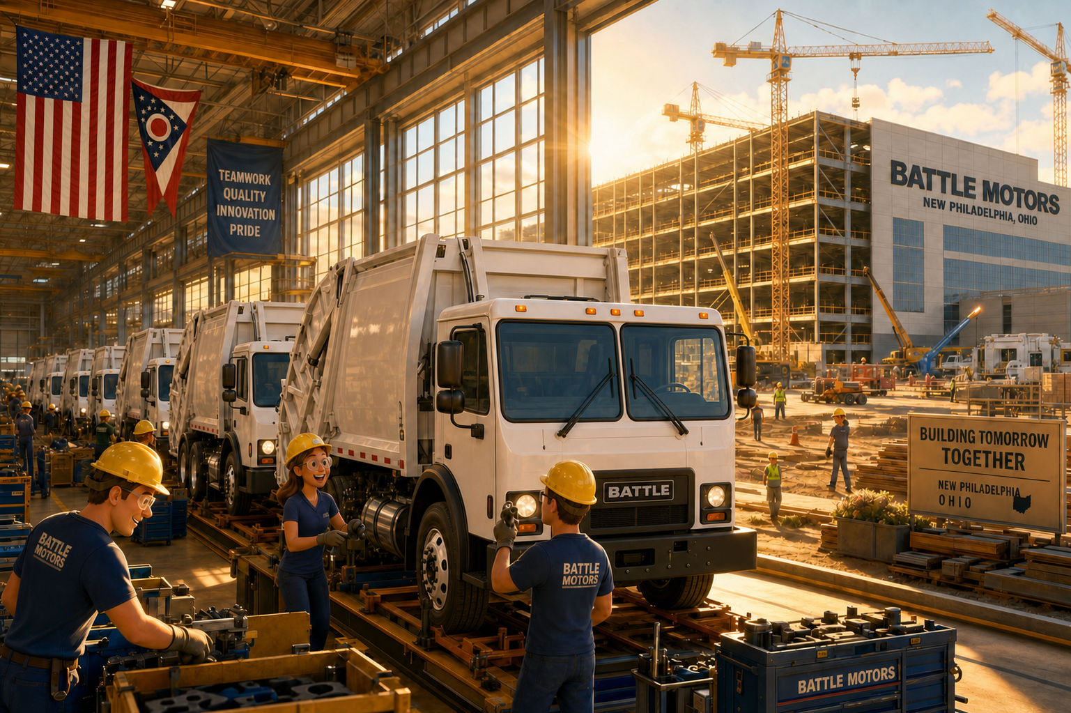 Pixar-style cartoon illustration of a bustling Battle Motors assembly line with workers in hard hats building white refuse trucks as the factory expands under ordinary construction cranes in New Philadelphia, Ohio