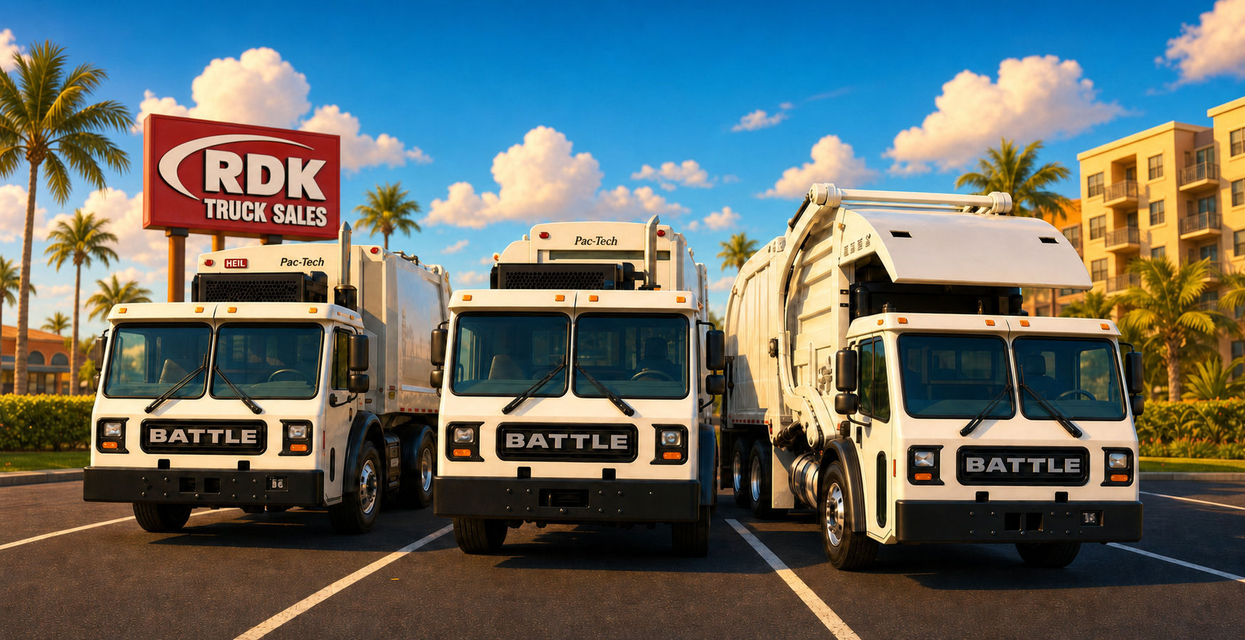 Three white Battle Motors refuse trucks parked in a Tampa, Florida lot, with a Tampa Florida sign and palm trees in the background