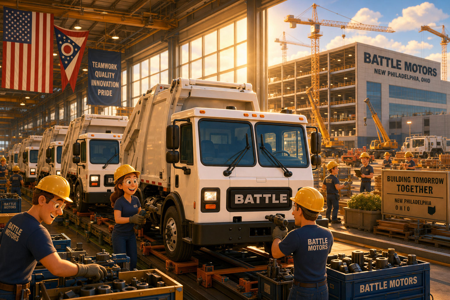 Pixar-style cartoon illustration of a bustling Battle Motors assembly line with workers in hard hats building white refuse trucks as the factory expands under ordinary construction cranes in New Philadelphia, Ohio