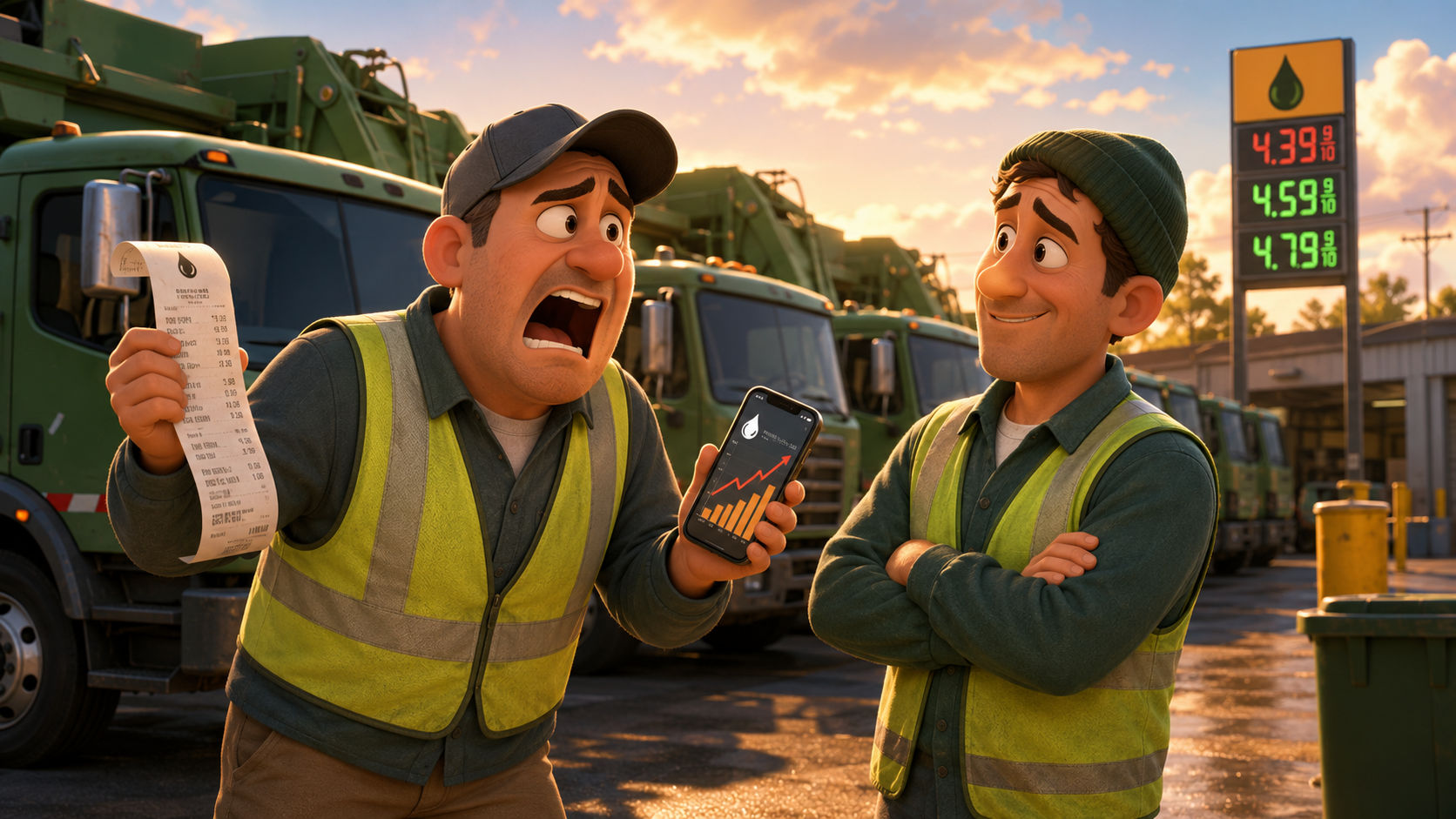 Two refuse haulers in hi-vis vests in front of a fleet of green garbage trucks at sunset; one waves a long fuel receipt in a panic beside a gas sign showing rising prices, while the calmer one keeps his cool.