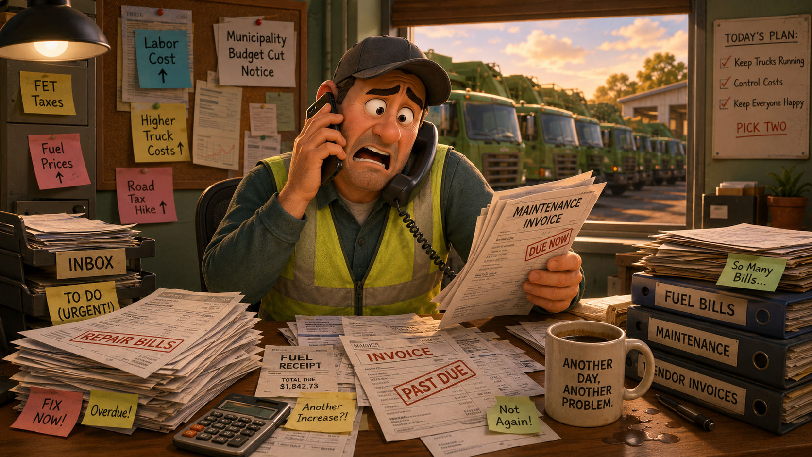 A stressed refuse hauler on the phone at a desk buried in past-due invoices, repair bills and fuel receipts, with sticky notes reading Fuel Prices, Labor Cost and Road Tax Hike, and a whiteboard behind him reading Keep Trucks Running, Control Costs, Keep Everyone Happy — Pick Two.