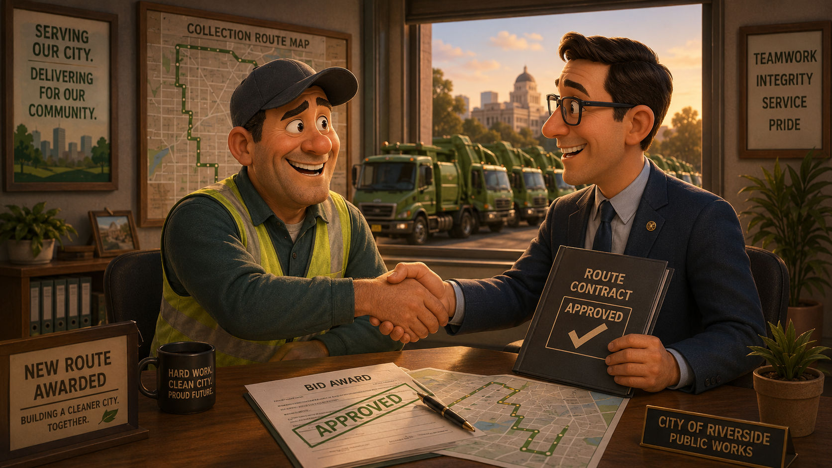 A refuse hauler in a hi-vis vest shaking hands across a desk with a City of Riverside Public Works official over an approved route contract and a bid award stamped Approved, a fleet of green trucks visible through the window behind them.
