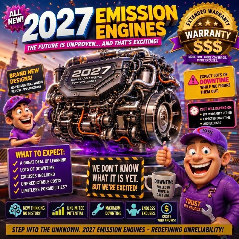 Satirical RDK cartoon ad for EPA 2027 emission engines listing 'what to expect: a great deal of learning, lots of downtime, excuses included, unpredictable costs' and a banner reading 'step into the unknown — redefining unreliability'
