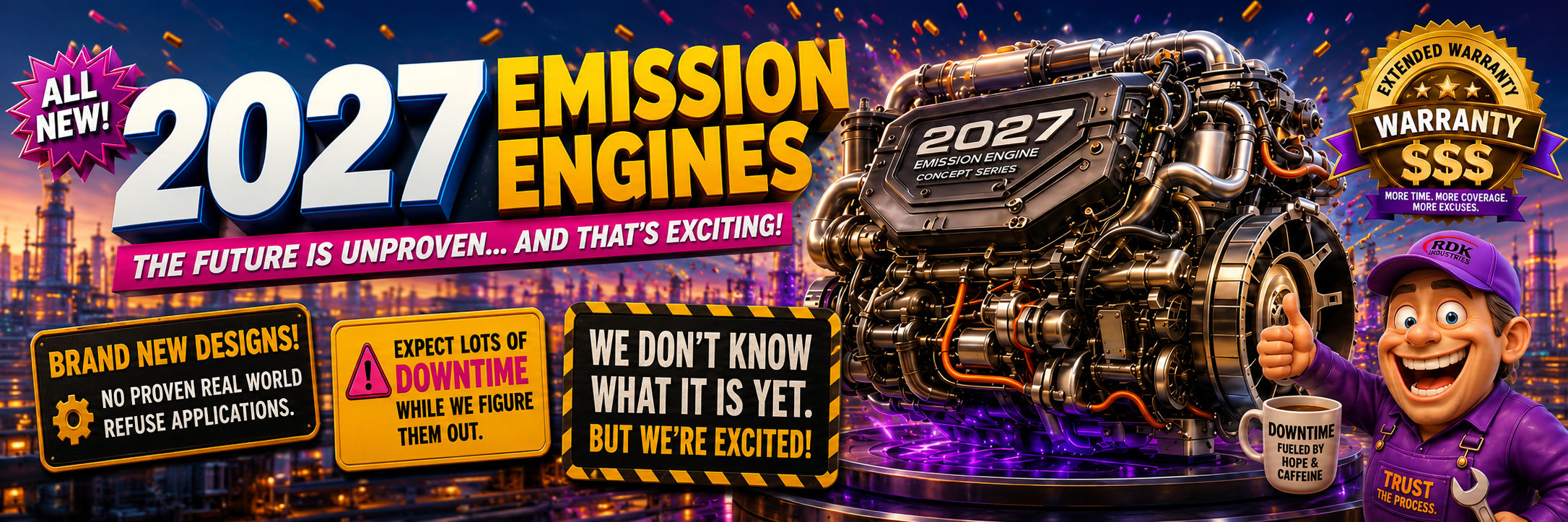 Satirical RDK ad banner for EPA 2027 emission engines reading 'the future is unproven… and that's exciting,' with an extended-warranty dollar-sign badge and the RDK mascot giving a thumbs-up