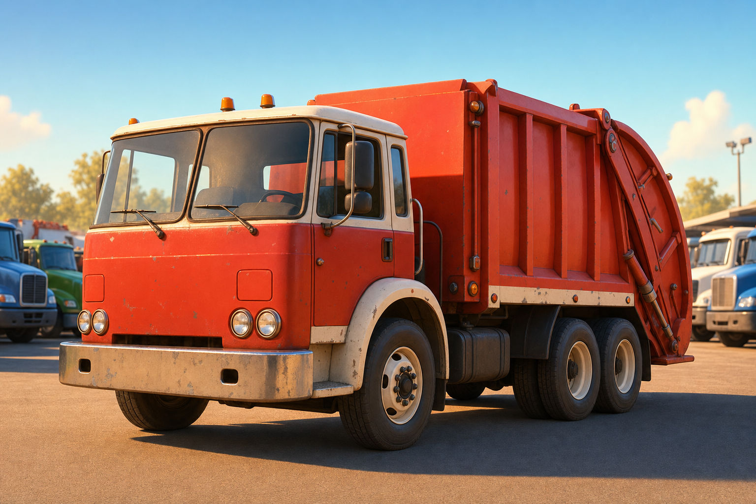 Clean, well-maintained pre-EPA 2027 refuse truck on the RDK Truck Sales lot, illustrating how older emissions-compliant trucks hold their resale value