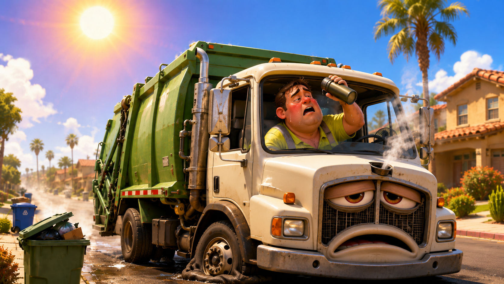 Cartoon of an overheated refuse driver in a hi-vis shirt pouring water over his head while leaning out of a weary-faced green-and-white garbage truck, under a blazing sun, blue sky, and palm trees