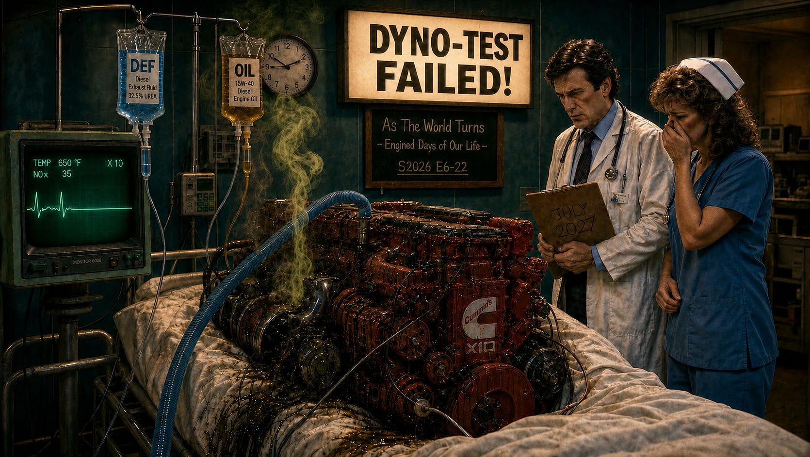 Soap-opera ICU scene: a Cummins X10 diesel engine lies in a hospital bed hooked to DEF and OIL IV bags and a fading green EKG monitor while a doctor and nurse read a clipboard dated July 2027, beneath a hospital sign reading DINO TEST FAILED
