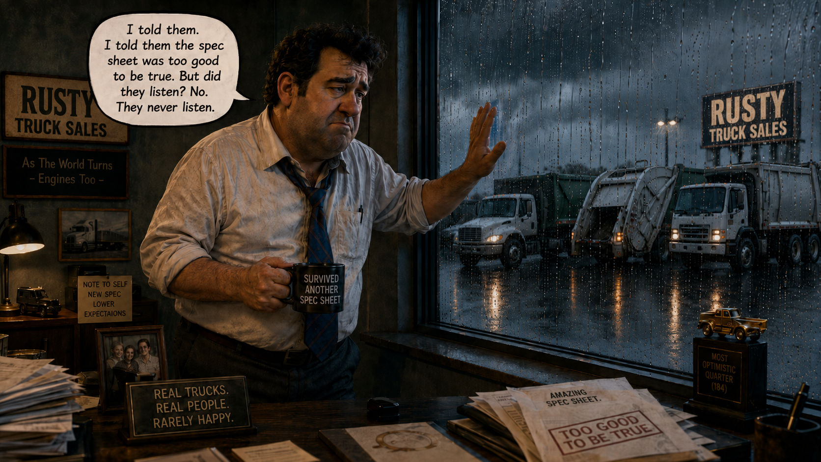 The Dealer stands at a rain-streaked showroom window holding a Survived Another Spec Sheet coffee mug, hand raised, as refuse and garbage trucks sit in the rain outside under a Rusty Truck Sales sign; his speech bubble says he told them the spec sheet was too good to be true but nobody listened