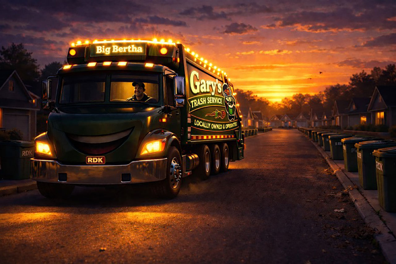 Big Bertha rolling out of the yard, marker lights glowing against the dawn sky