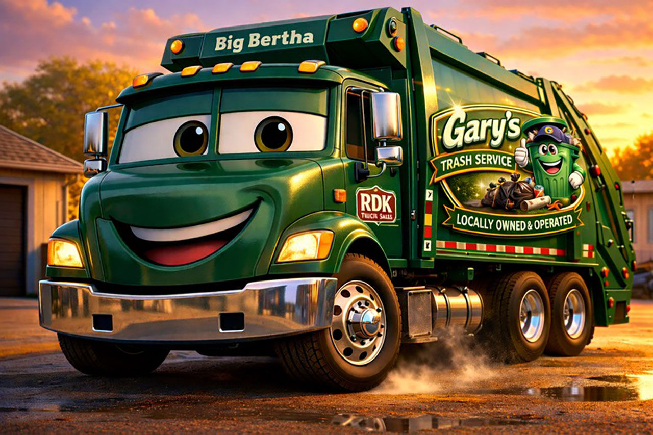 Big Bertha, the green rear loader, smiling at the camera