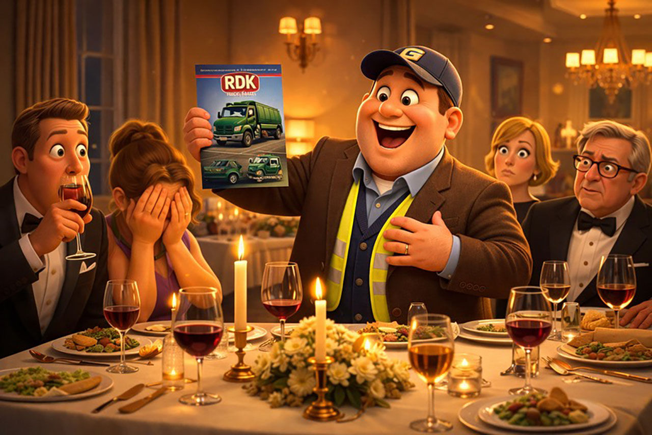 Gary proudly holding up an RDK brochure at a candlelit dinner party as guests react