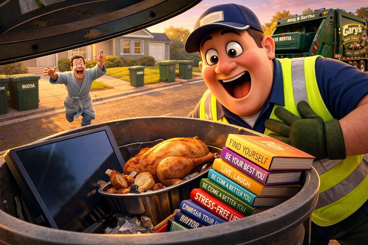 Gary peering into a can holding a TV, a turkey, and self-help books while a man in a bathrobe runs up behind