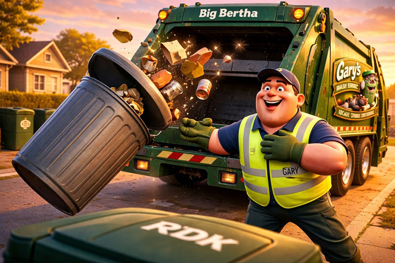 Gary tipping a can into Big Bertha's hopper as debris flies