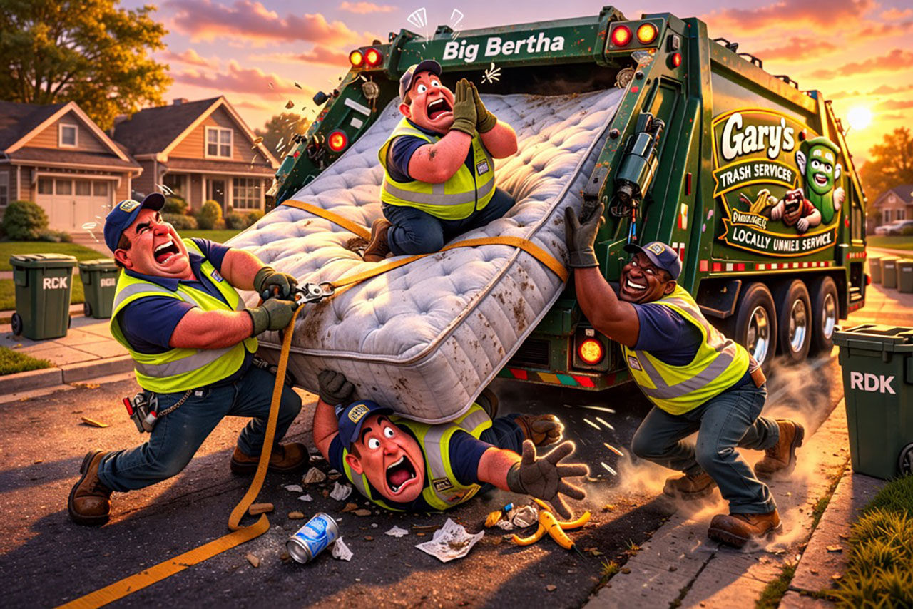 Four crew members wrestling a giant mattress into Big Bertha