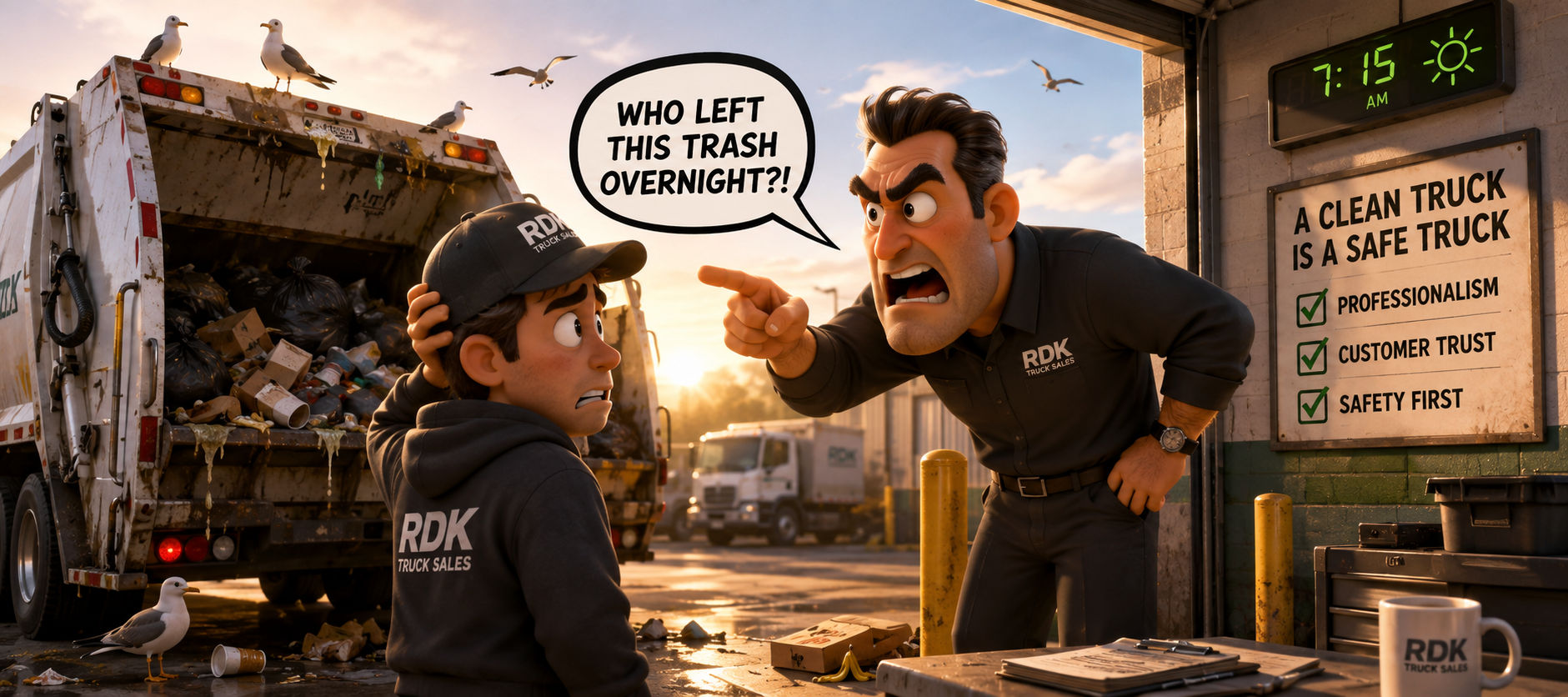 Cartoon of an angry depot supervisor in an RDK shirt pointing at a sheepish young worker, with a speech bubble reading 'Who left this trash overnight?!' beside a loaded RDK garbage truck at 7:15 in the morning