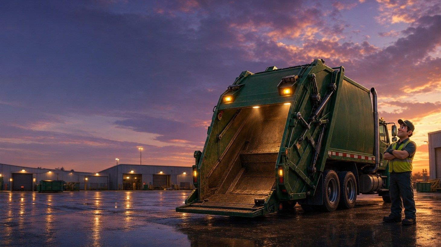 Empty refuse truck parked at the end of a workday