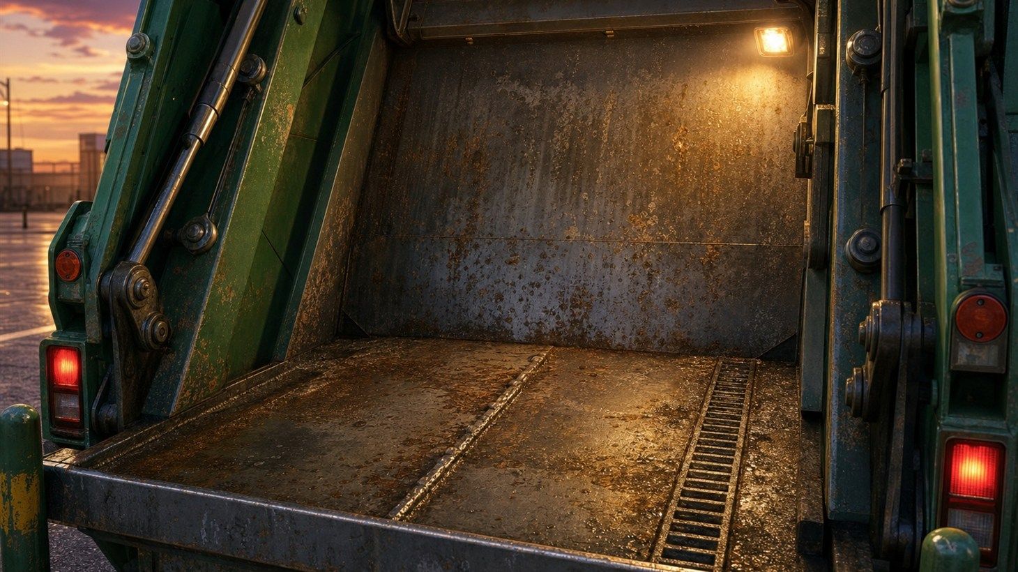 Corrosion and leachate buildup inside a refuse truck body