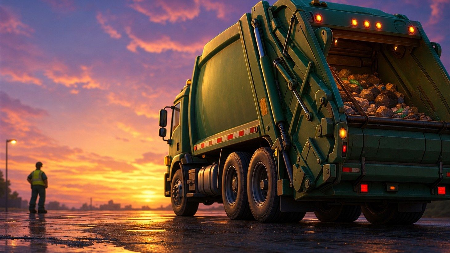 Loaded refuse truck showing chassis, suspension, and tire stress while parked overnight