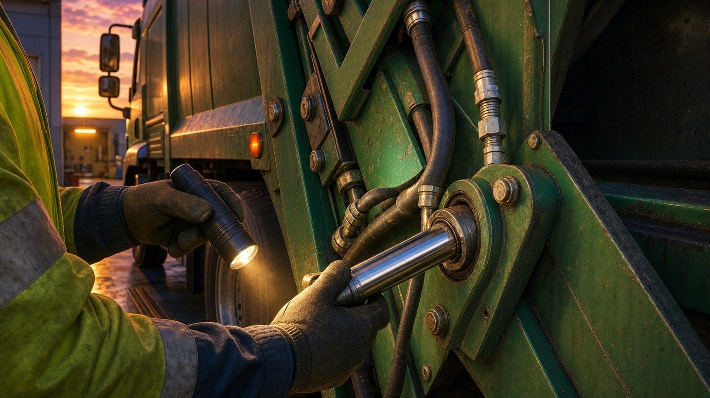 Technician inspecting hydraulic components on a refuse truck