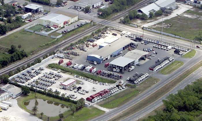 Aerial view of the RDK Truck Sales facility on Adamo Drive in Tampa