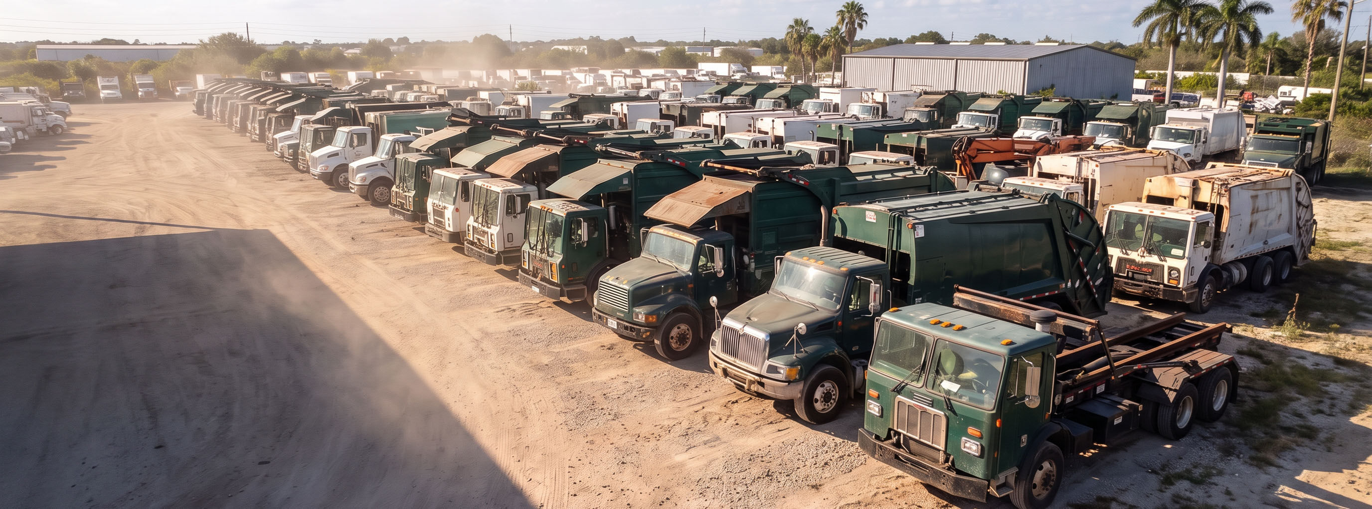 Rows of used garbage, roll-off and grapple trucks parked across the Dirt Cheap Truck Sales lot in Tampa, Florida