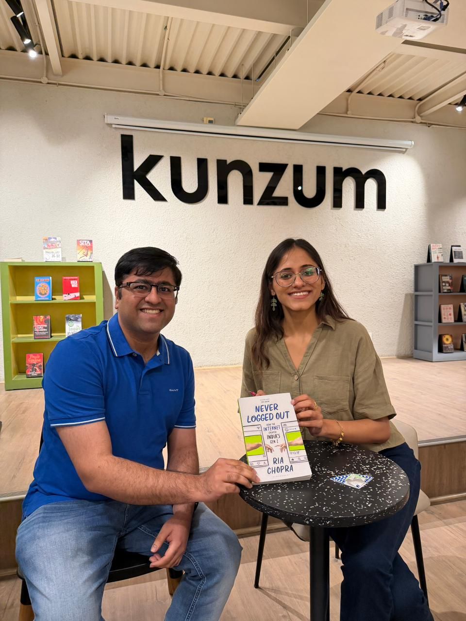 Ria Chopra with Somil Makhija holding Never Logged Out at Kunzum, GK