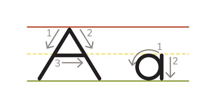 The upper and lower case letter 'a' is formed with up and down strokes.