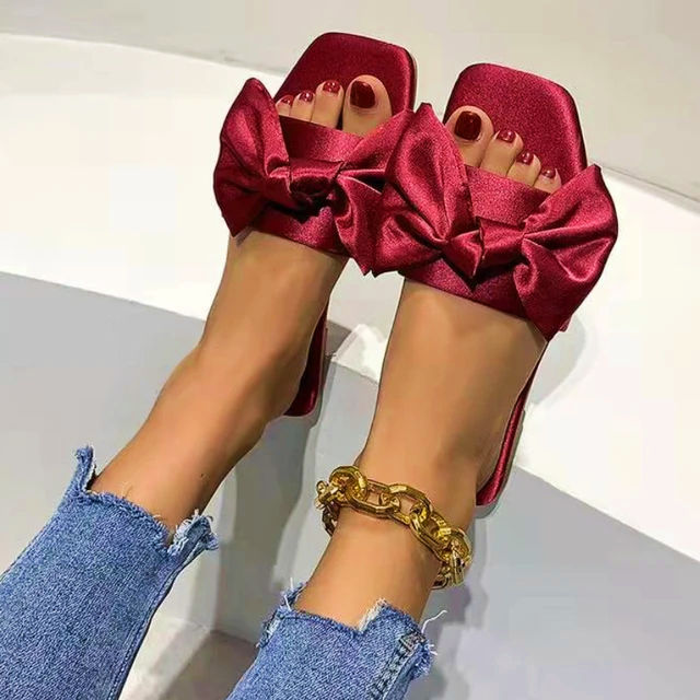 LOLA RED SATIN BOWED SLIPPERS Image