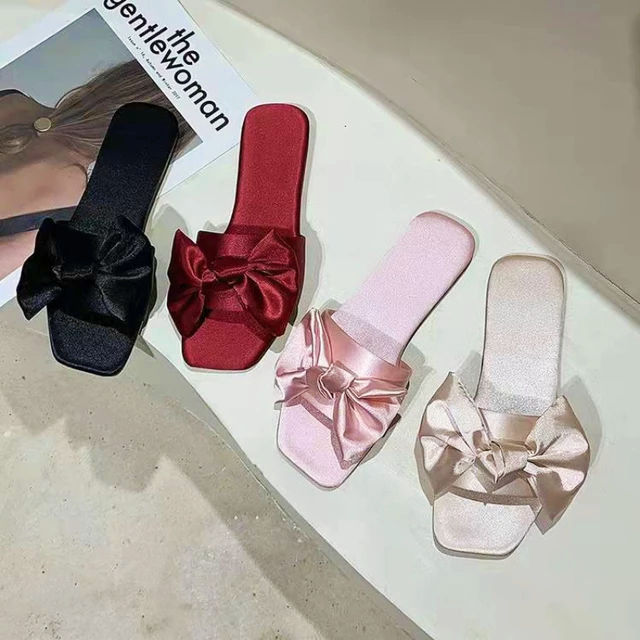 LOLA RED SATIN BOWED SLIPPERS Image