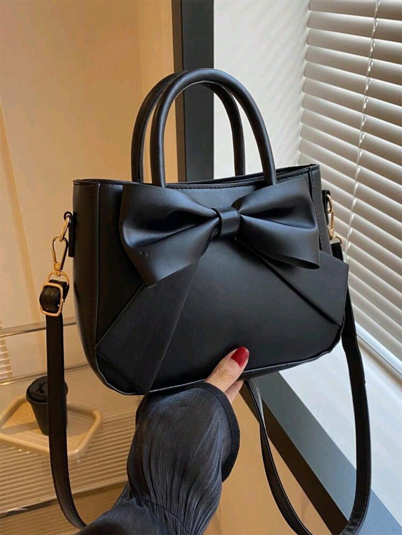 Lazudaafrique Luxurious Bow Decor Handbag - Women's Double Handle Purse, Small Faux Leather Crossbody Bag For Fashionable Women, Trendy Bow Purse For Women Image