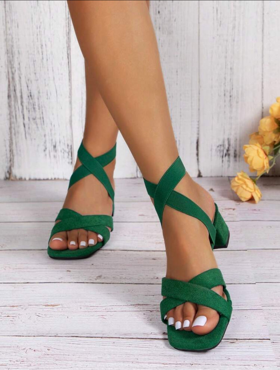 Lazudaafrique Elegant Black Sandals For Women, Criss Cross Faux Suede Chunky Heeled Ankle Strap Sandals Image