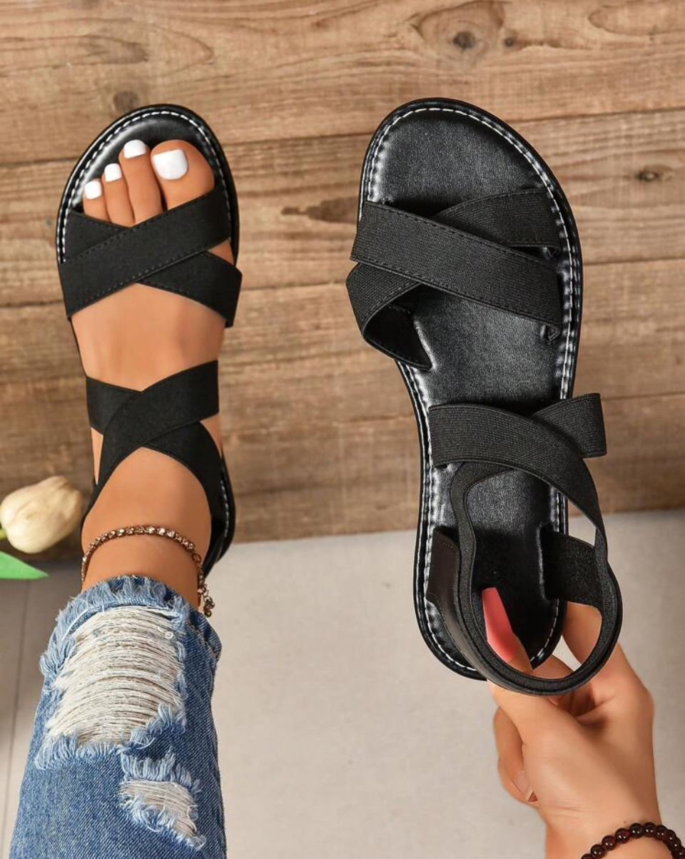 Women's Flat Sandals Cross Elastic Band Loose And Comfortable Beach Shoes Outdoor Fashionable Minimalist New Solid Color Casual Shoes Image