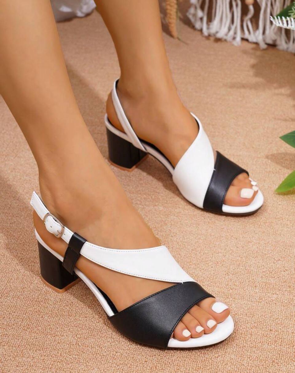 Lazudaafrique Women's Multi-Strap Wide Band Low Chunky Heel Sandals With Back Strap, Casual And Versatile Black And White Leather Upper High Heel Sandals Image