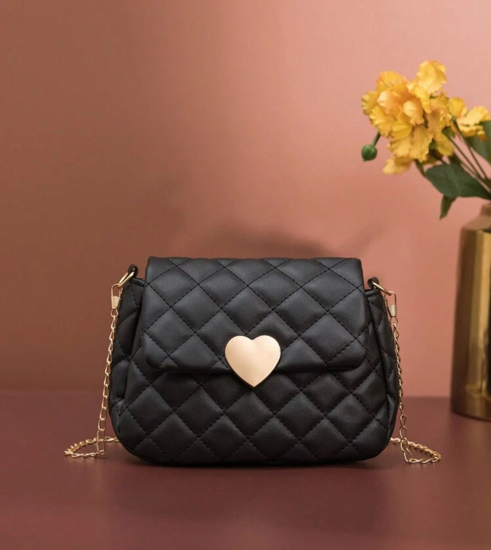 Fashionable Versatile Women's Casual Cute & Sweet Rhombus Pattern Black Shoulder Bag With Chain Strap Valentines Image