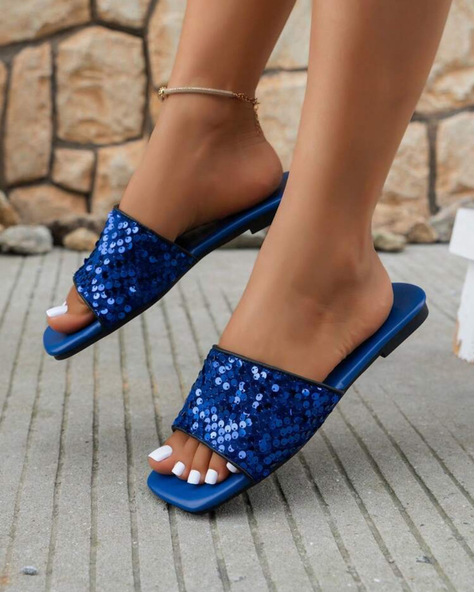 Women's Square Toe Embellished Flat Slides, Elegant And Fashionable Outdoor Slippers Image