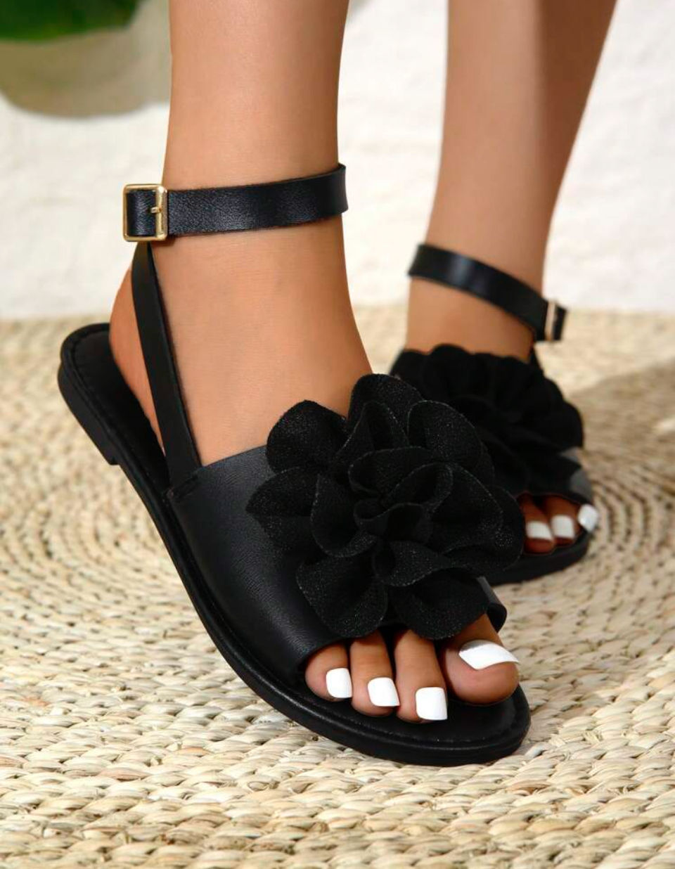 Women's Casual Flat Flower Decor Lace-Up Slides Sandals, Suitable For Spring & Summer Outfitting, Open Toe For Outdoor, Beach, Vacation Image