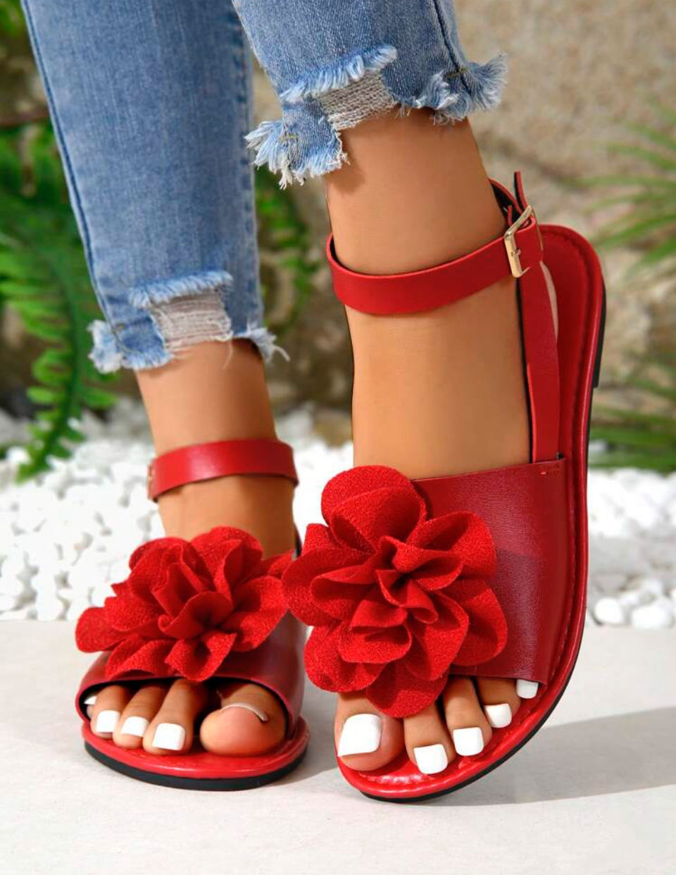Women's Casual Flat Flower Decor Lace-Up Slides Sandals, Suitable For Spring & Summer Outfitting, Open Toe For Outdoor, Beach, Vacation Image