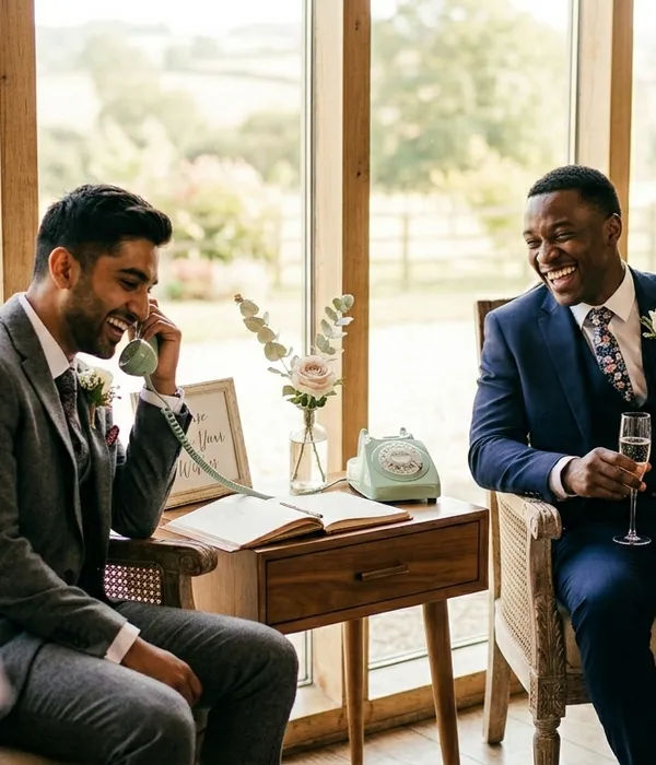 Two best men laughing while talking on a vintage telephone audio guestbook